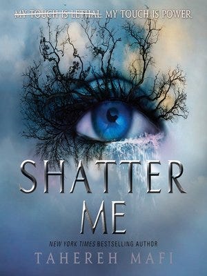 Cover of Shatter Me featuring an eye and eyelashes branching out into trees