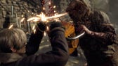 Leon Kennedy uses his knife to combat Chainsaw Man's saw in Resident Evil 4 Remake