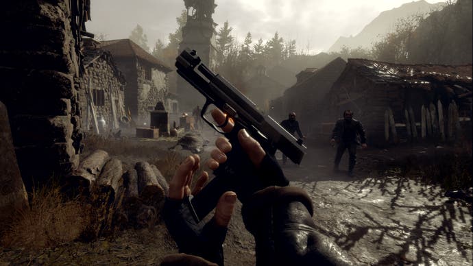Leon reloads a pistol in the village of Resident Evil 4 VR mode