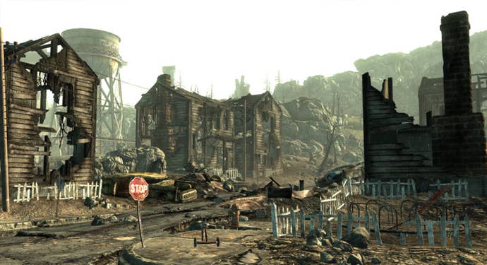 A ruined street in Fallout 3.