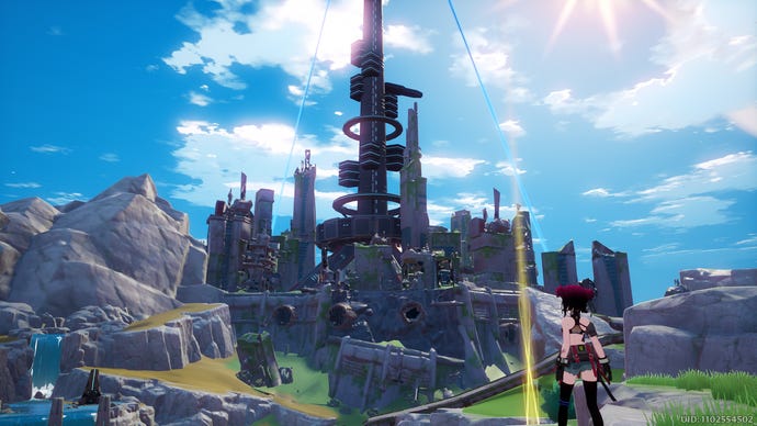 A player character looks up at a tower in Tower of Fantasy.