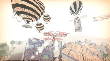 A papercraft flying machine navigates hot air baloons above a city in The Wings of Sycamore