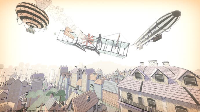 Una máquina voladora de papel se eleva sobre una ciudad, esquivando un globo y un zepelín en The Wings of Sycamore.