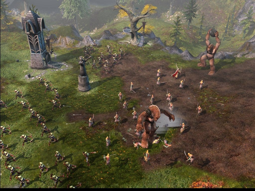 A fight in Battle for Middle-Earth 2, where elven swordsmen, with many mirkwood archers supporting them, engage two mountain giants.