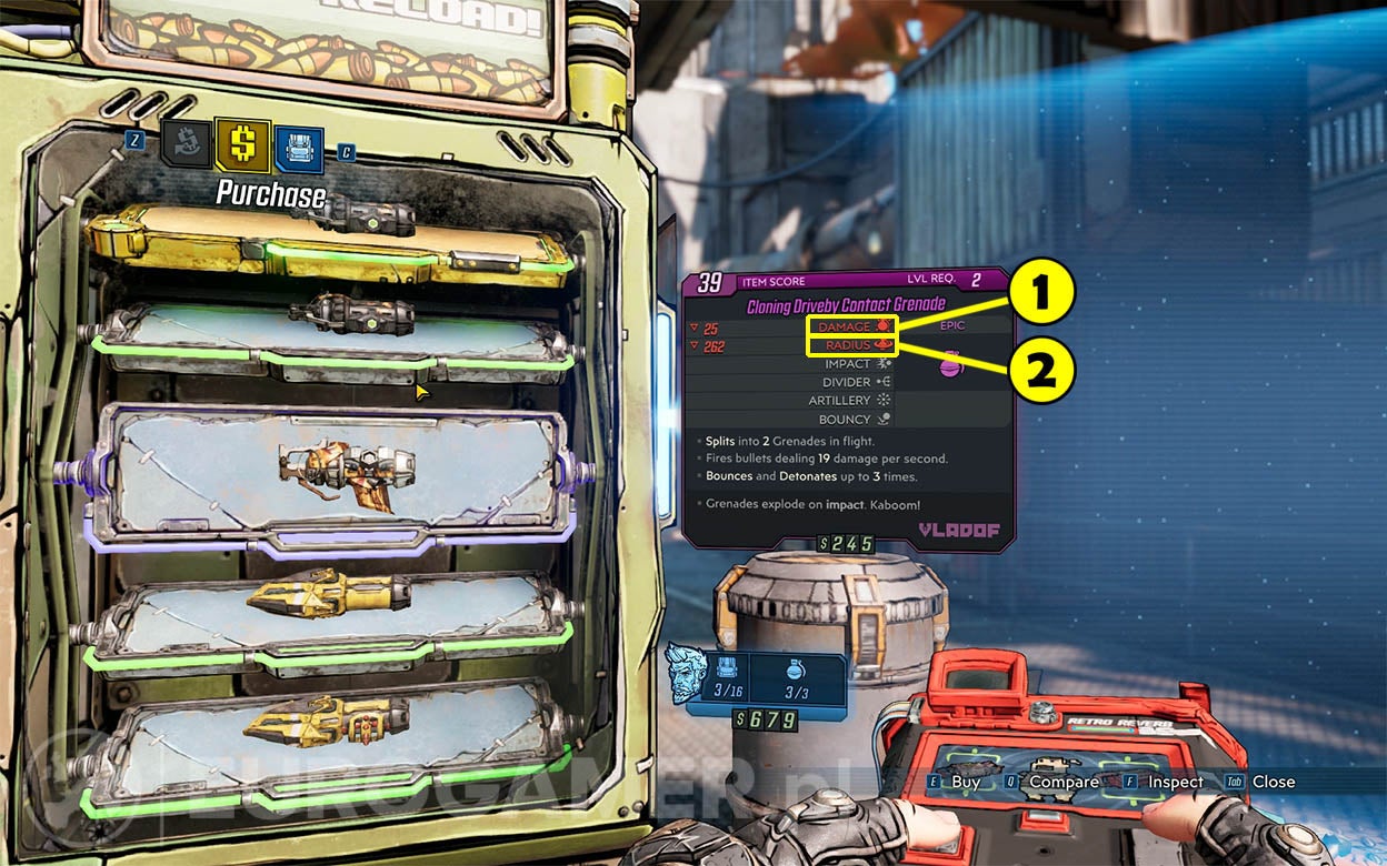 Borderlands 3 granaty, rodzaje Impact, Longbow Grenades, Divider