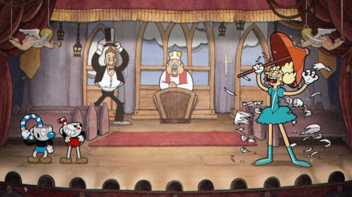 Cuphead and Mugman face boss, Sally Stageplay.