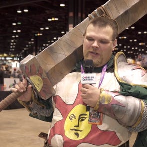 Cosplayer dressed as Solaire of Astora from the Dark Souls video game franchise.