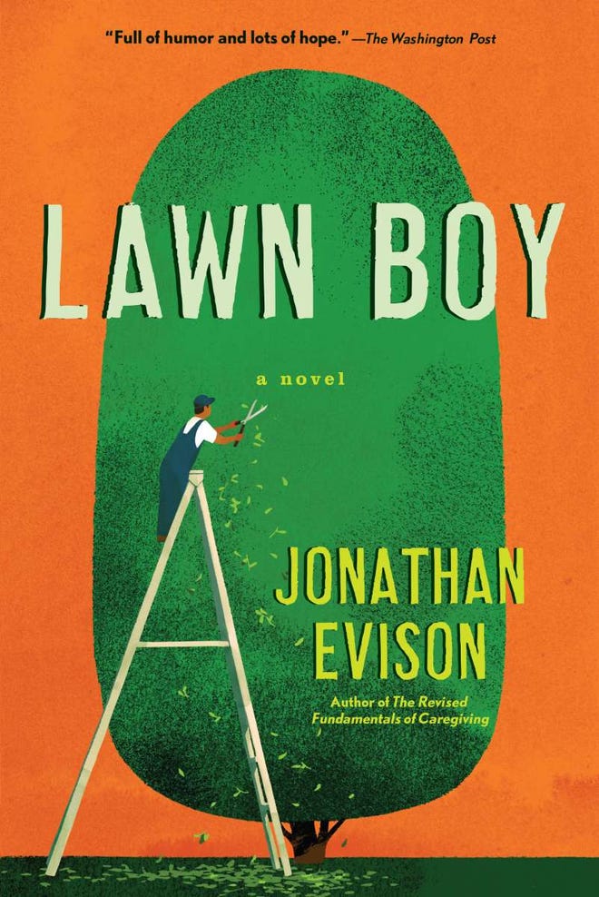Orange and green illustrated cover featuirng a figure on a ladder trimming a large bush