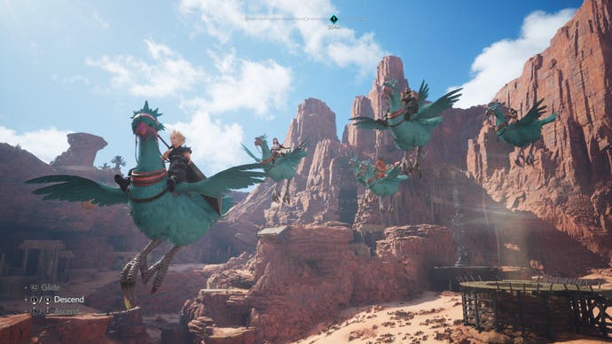 The party flies over a desert on chocobo in Final Fantasy 7 Rebirth