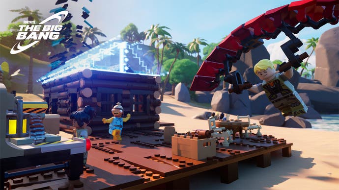 Capture d'écran Fortnite Lego montrant un personnage Lego Fishstick construisant une maison.