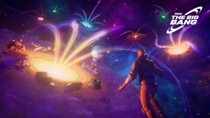 Captura de pantalla del evento en vivo Big Bang de Fortnite que muestra al jugador flotando sobre un universo de galaxias, cada una de las cuales representa una nueva experiencia de minijuego.