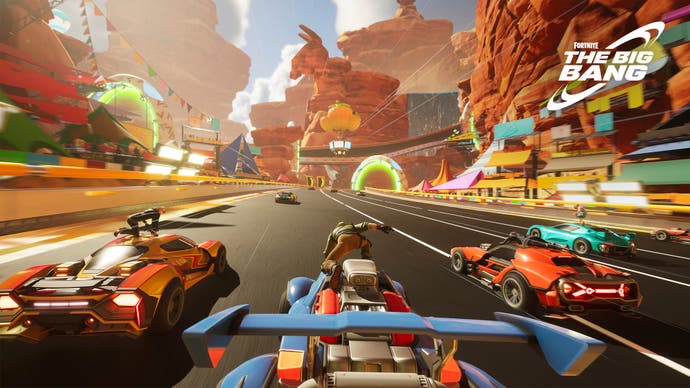 Fortnite prend la piste de course dans Rocket Racing, un mode arcade présenté dans cette capture d'écran de l'événement en direct Big Bang.
