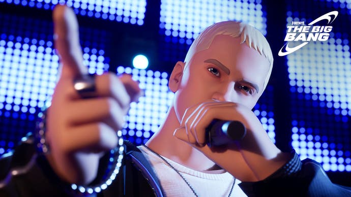 La versión de Fortnite de Eminem rapea durante el evento en vivo de Big Bang.