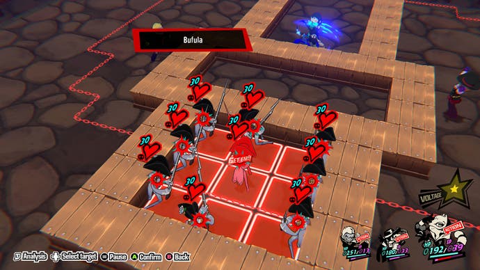 An isometric-angled view of a small, gridded battlefield area, confined by wooden walls, in which multiple enemies surround one character in the middle. Looks like a tricky situation to me.