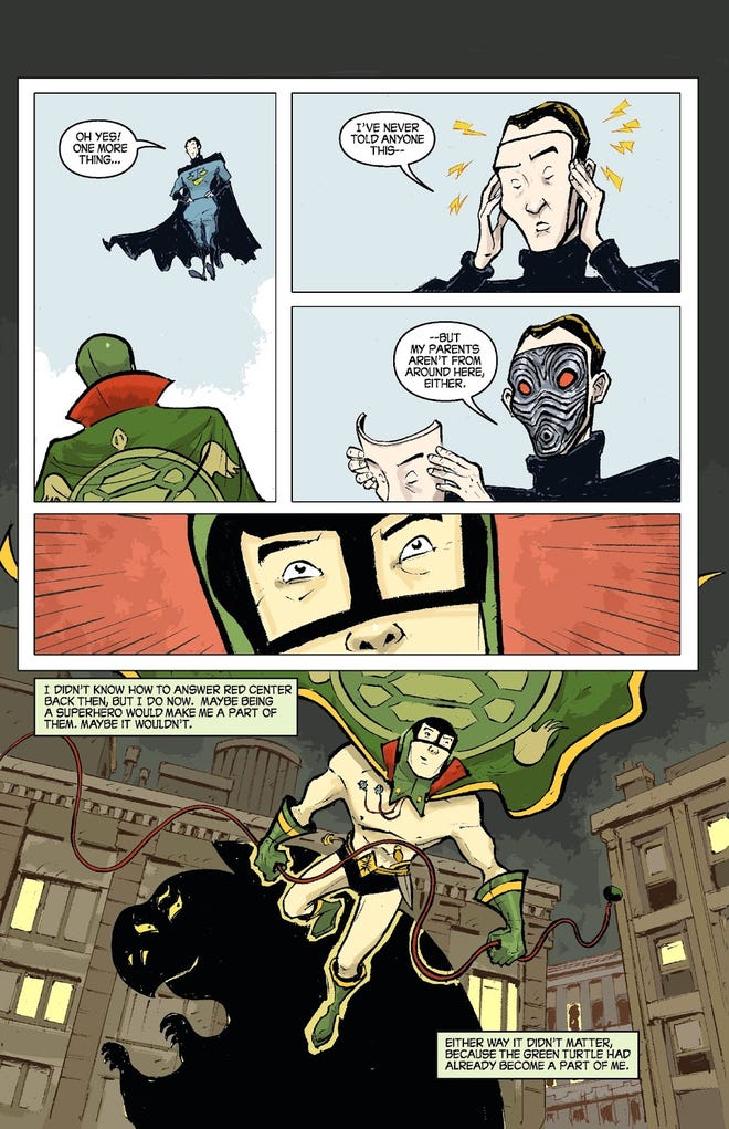 Interior page from Shadow Hero featuring the Turtle and another hero