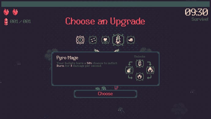 Level-up options in a 10 Minutes Till Dawn screenshot.