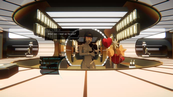 A first-person view of a futuristic and brightly cel-shaded bar. The all-in-one suited and masked bartender is asking what drink they can get us.