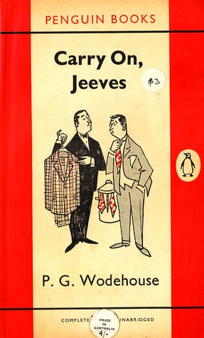 Cover of Carry On, Jeeves, featuring an illustrated image of Jeeves and Wooster