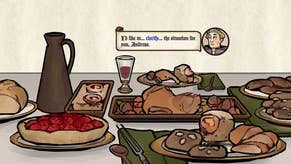 A table of food, illustrated for the game Pentiment. We see a tart, roast fowl, bred, wine and other morsels presented before us.