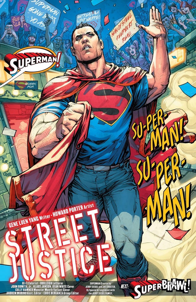 Full page featuring Superman as people are cheering him in a parade