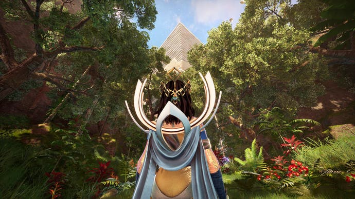 Islands of Insight screenshot showing elegantly-dressed mystical woman looking out at a forest and pyramid