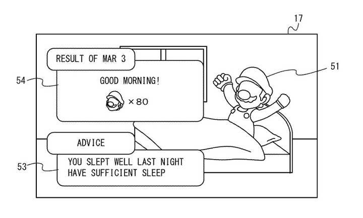 patent art image of Mario waking up in bed and stretching. He has no eyes or mouth. One text box says 