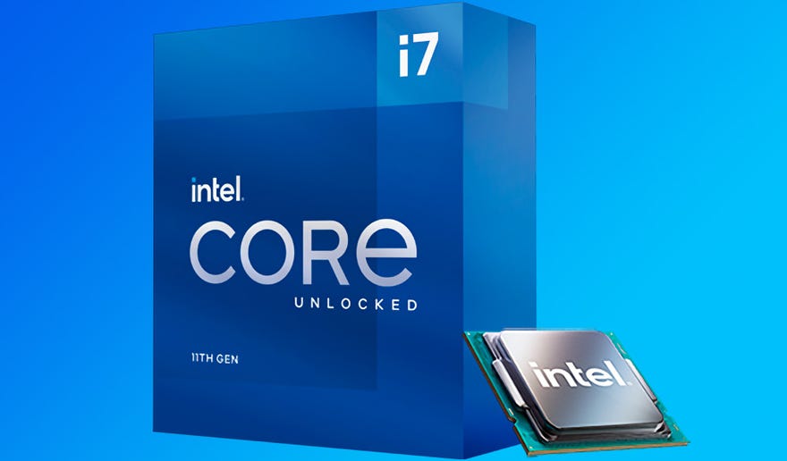 a photo of the intel core i7 11700k processor, with a blue box