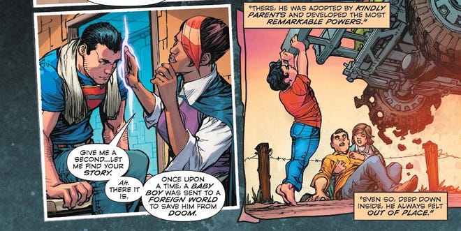 Two panels featuring Superman talking to someone and a small version of Clark raising a car