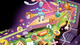 A polygonal blue character surfs out of a 90s style computer on a 3D mouse pointer, surrounded by various objects such as flaming skulls, hot dogs and a fish with a magnifying glass.
