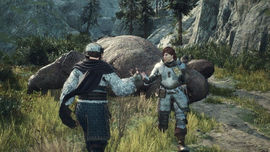 Two Dragon's Dogma characters exchanging a fist bump