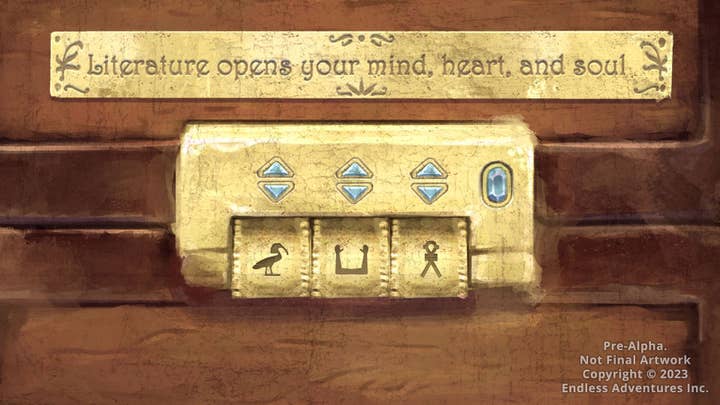 A close-up image of a lock on a chest of some kind. There are three dials the player can turn like a combination lock, but each has glyphs on them instead of numbers. A plaque above the lock reads: 