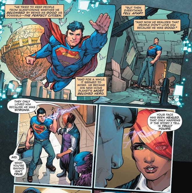 Interior comics pages featuring Superman flying and then talking