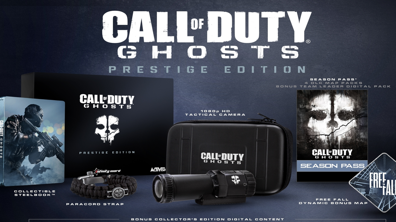 2nd & Charles - Call of Duty Ghosts Prestige Edition on PS4 just came in  the buyback. It comes with a 1080p HD tactical camera, a paracord strap and  the steelbook collectible