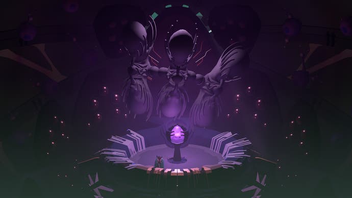 Captura de pantalla de Cocoon con un nuevo jefe elevándose sobre un orbe púrpura mientras el protagonista insectoide del juego observa