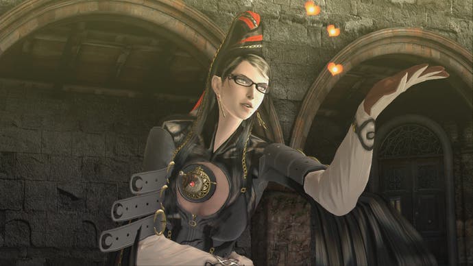 Screenshot of Bayonetta in the first Bayonetta game. Her black hair is tied in a high ponytail and she is wearing glasses with a black frame.