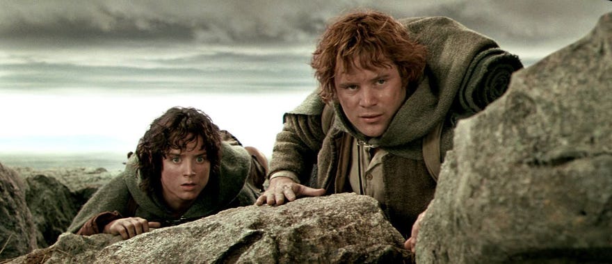 Still film image from lord of the Rings featuring Frodo and Sam