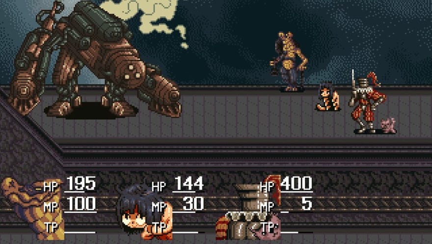 A screenshot of Scumhead's RPG Franzen, showing the player party facing off against a big smoky robot.