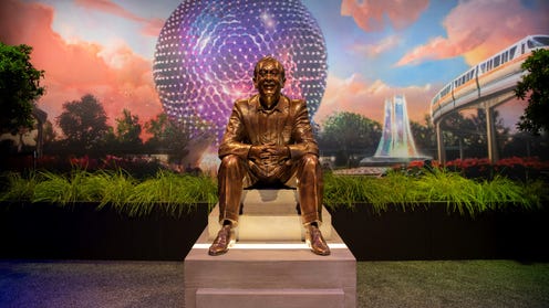 Image of Walt Disney statue in front of image of Epcot