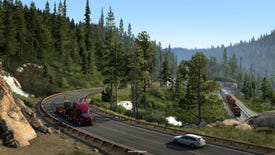 A screenshot of American Truck Simulator's Montana expansion, showing a curved road, a truck, and a lotta trees.