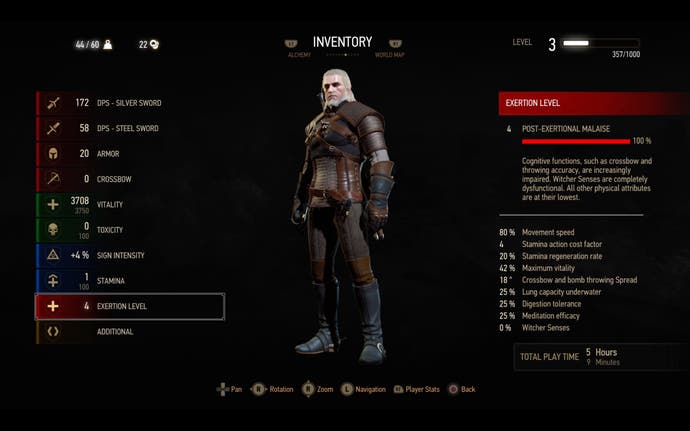 Une Image Du Long Mod Covid De Stellar7Project Pour The Witcher 3: Wild Hunt, Montrant Les Effets Du Malaise Post-Effort Sur Geralt Dans L'Écran Du Personnage.