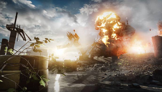 An explosion in a theatre of conflict with a giant mushroom cloud, in Battlefield 4.