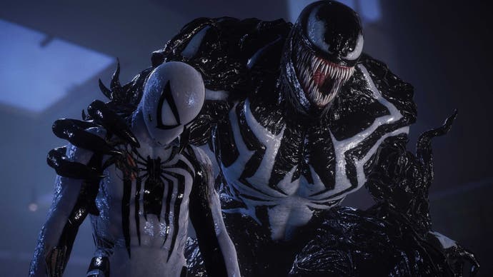 Venom holds an unconscious Spider-Man in Marvel's Spider-Man 2