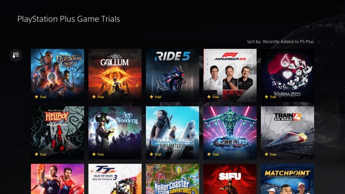 Screenshot showing a number of the games available as part of PlayStation Plus Premium's trial offerings