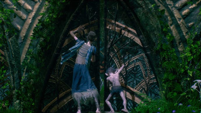 Screenshot from The Lord of the Rings: Gollum showing Gollum and an elf open a door in Middle-earth