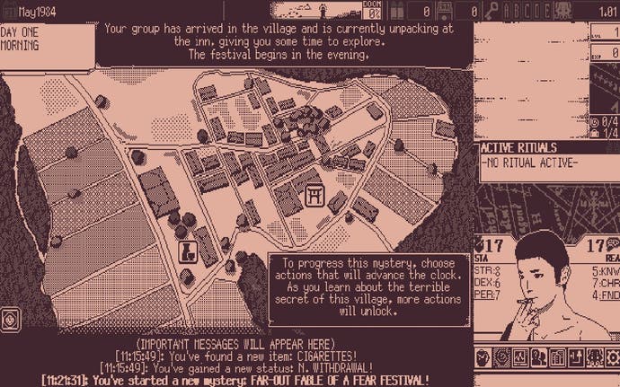 A screenshot from World of Horror showing an overhead map of a village, used to traverse between locations during a specific mystery.