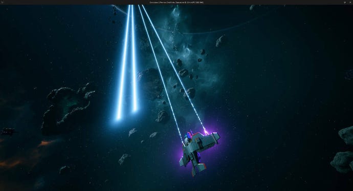 Une capture d'écran d'un bug dans Everspace 2, avec des tirs de railgun émergeant d'un espace vide à côté du vaisseau du joueur.