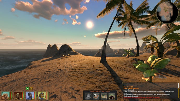 Ein Blick auf die Sonne über einem Sandstrand in Archaelund von 4 Dimension Games, mit Palmen auf der rechten Seite.