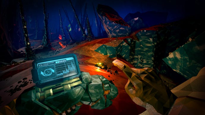 Der Spieler benutzt ein Computerterminal in einer dunklen, von Stalagmiten übersäten Höhle in Deep Rock Galactic: Rogue Core
