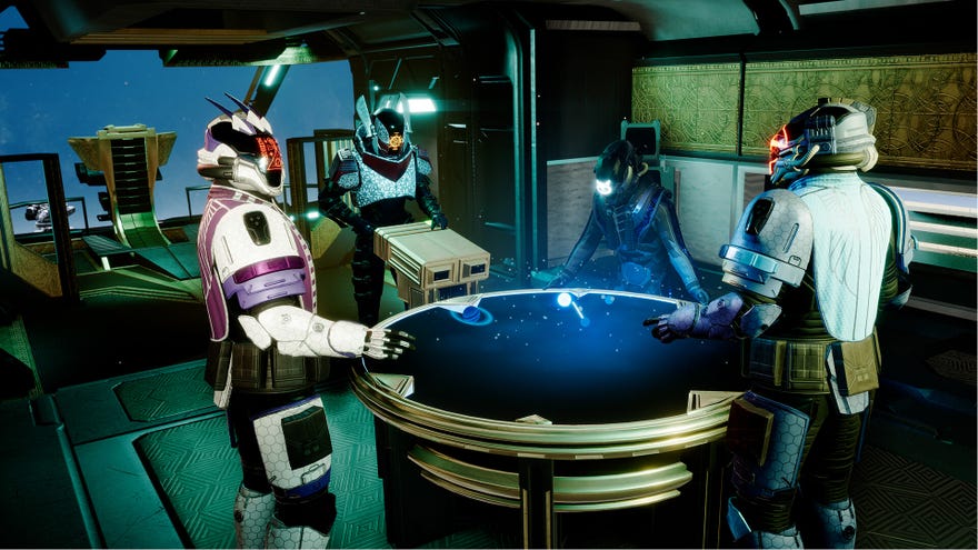 A screenshot of Void Crew, showing players grouped around a ship's map table.