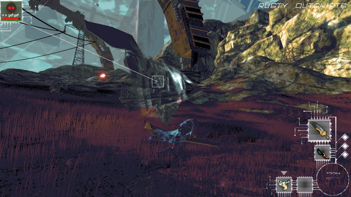 A screenshot from the V.A Proxy demo, showing the main robot character fighting with a huge robot bird
